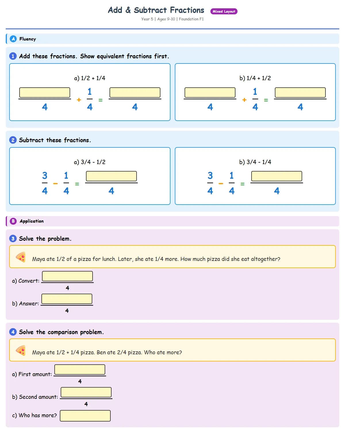 Add & Subtract Fractions (Foundation 1 - Pizza Theme)