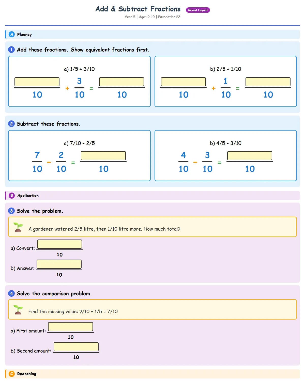 Add & Subtract Fractions (Practice 2 - Garden Theme)