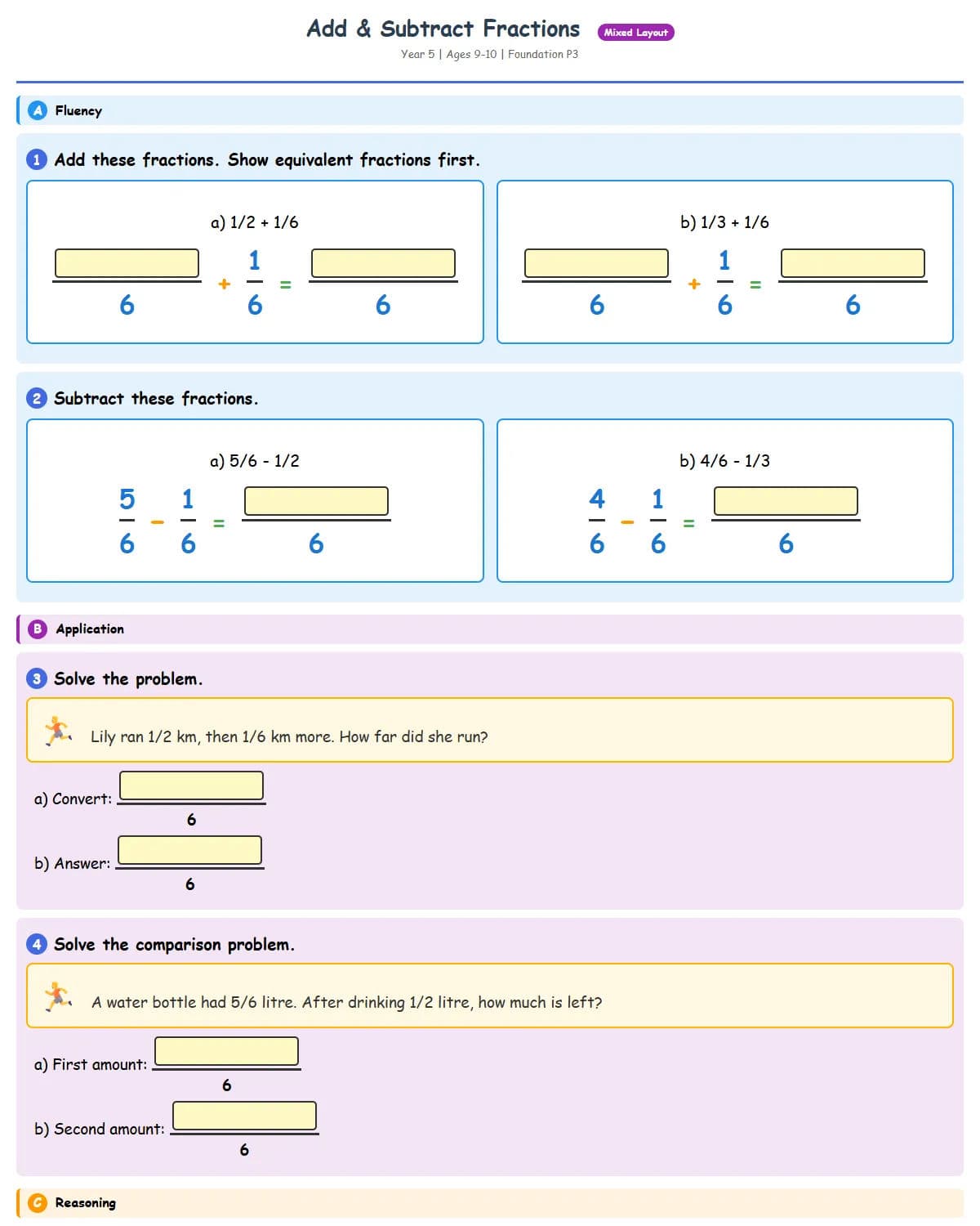 Add & Subtract Fractions (Practice 3 - Sports Theme)