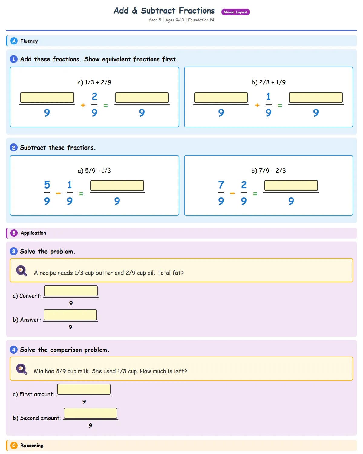 Add & Subtract Fractions (Practice 4 - Cooking Theme)