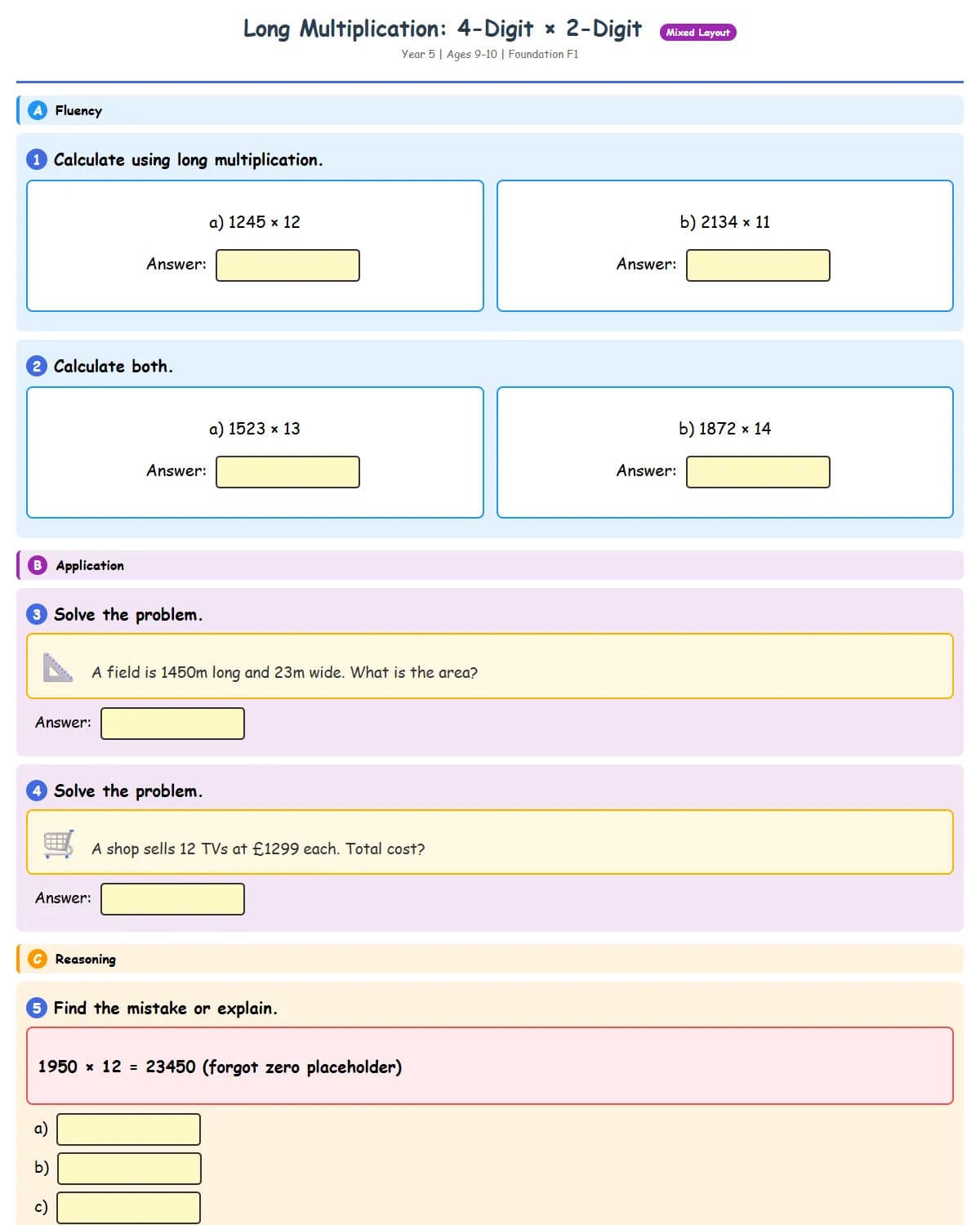 Long Multiplication: 4-Digit × 2-Digit (Foundation 1)