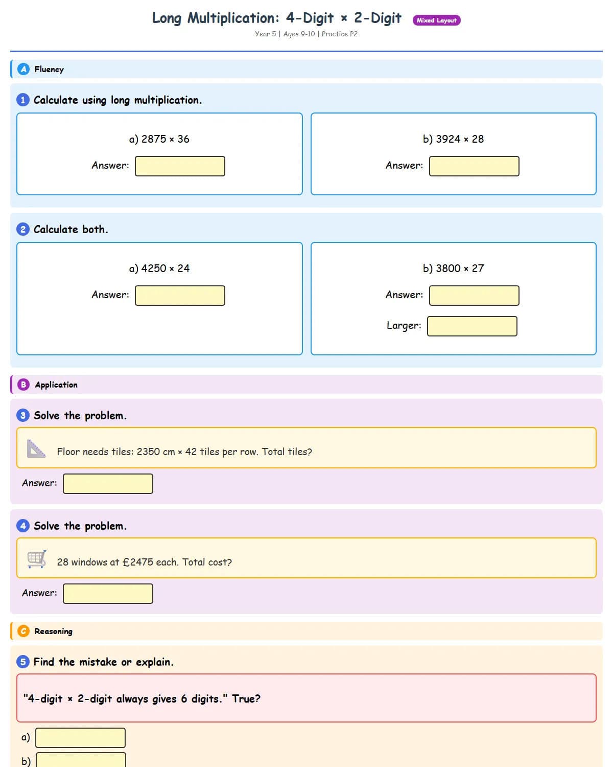 Long Multiplication: 4-Digit × 2-Digit (Practice 2)