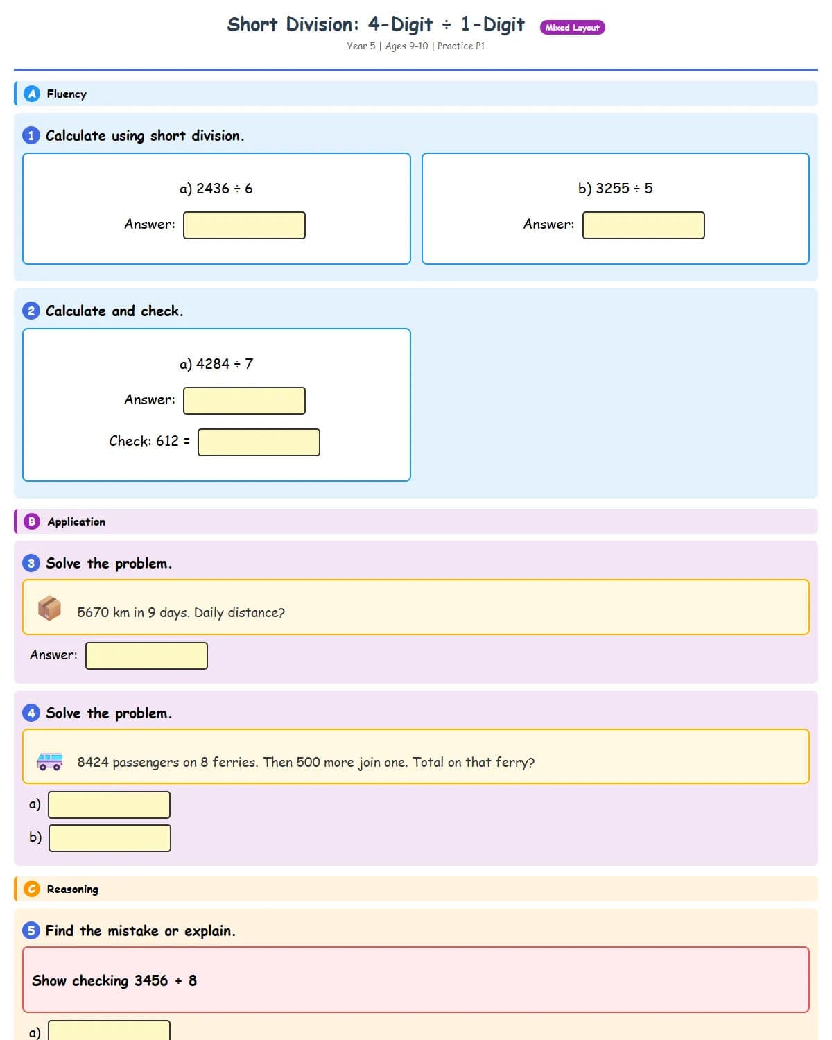 Short Division: 4-Digit ÷ 1-Digit (Practice 1)
