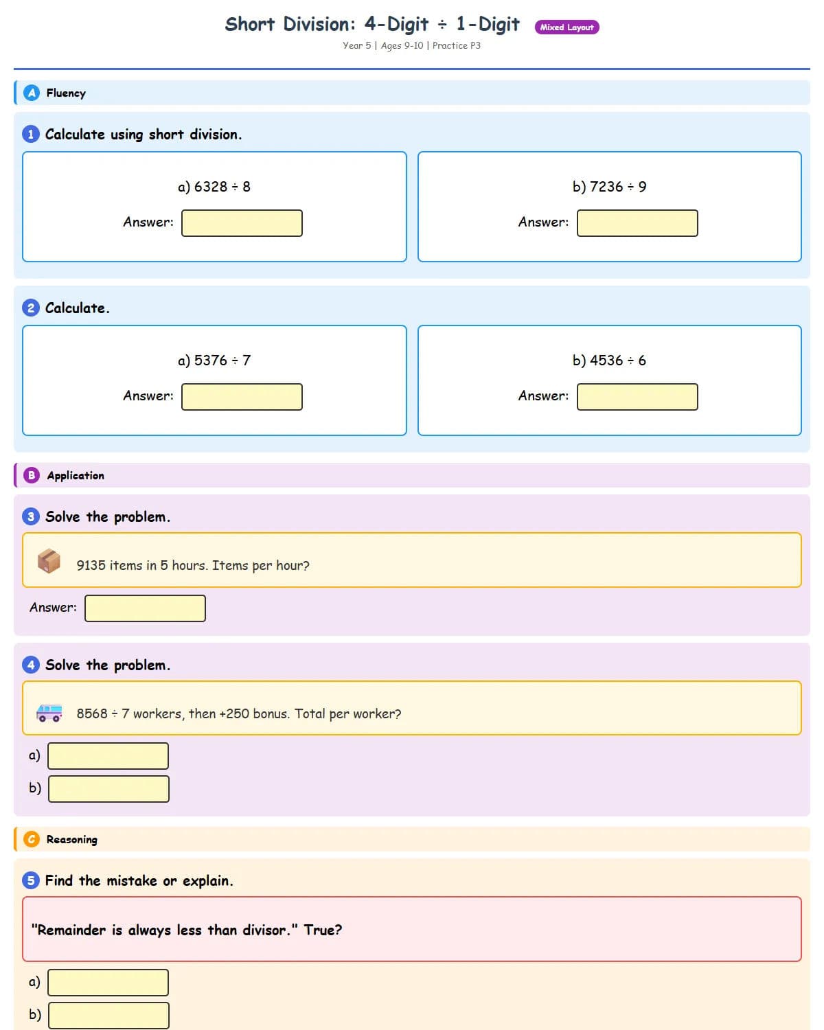 Short Division: 4-Digit ÷ 1-Digit (Practice 3)