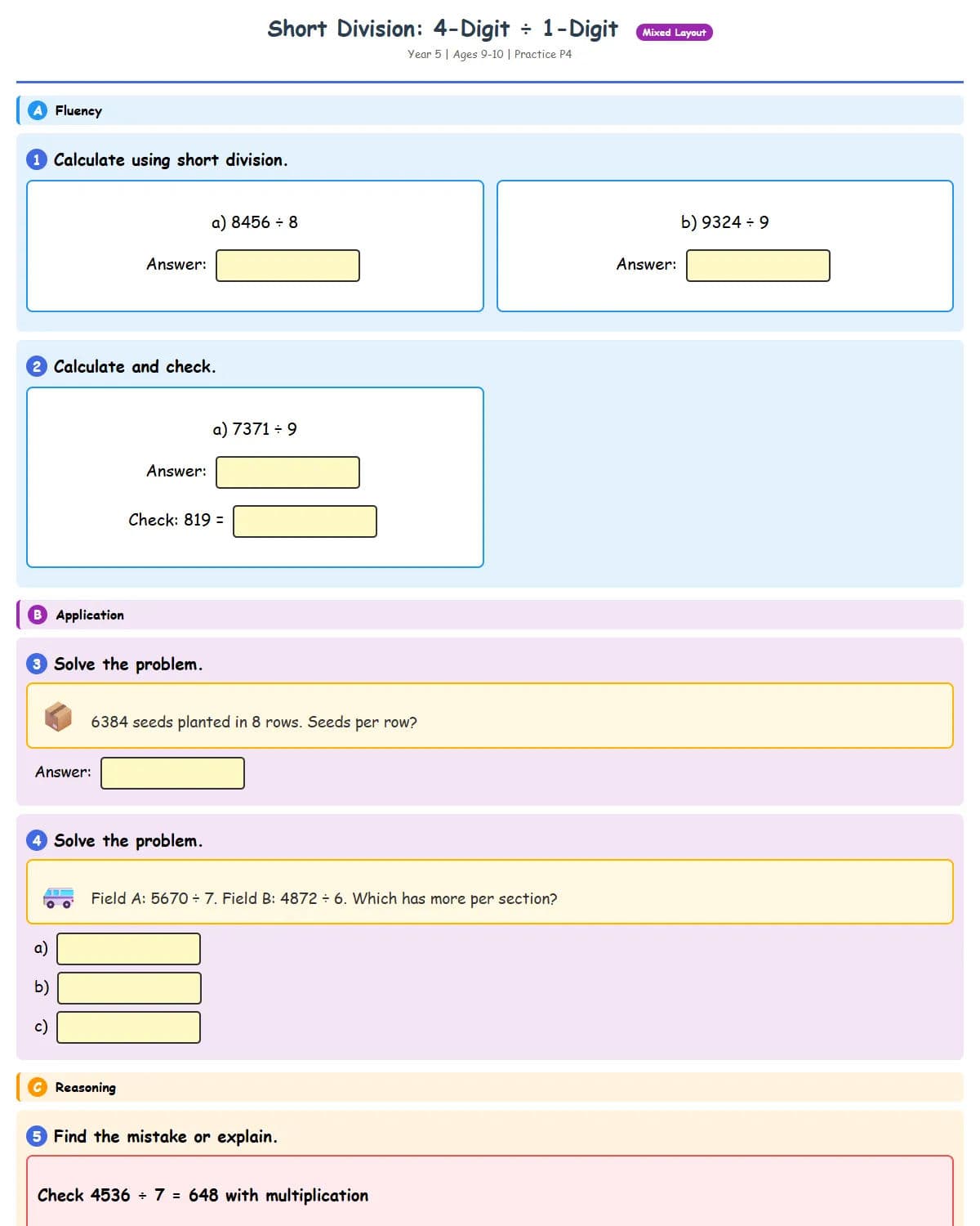 Short Division: 4-Digit ÷ 1-Digit (Practice 4)
