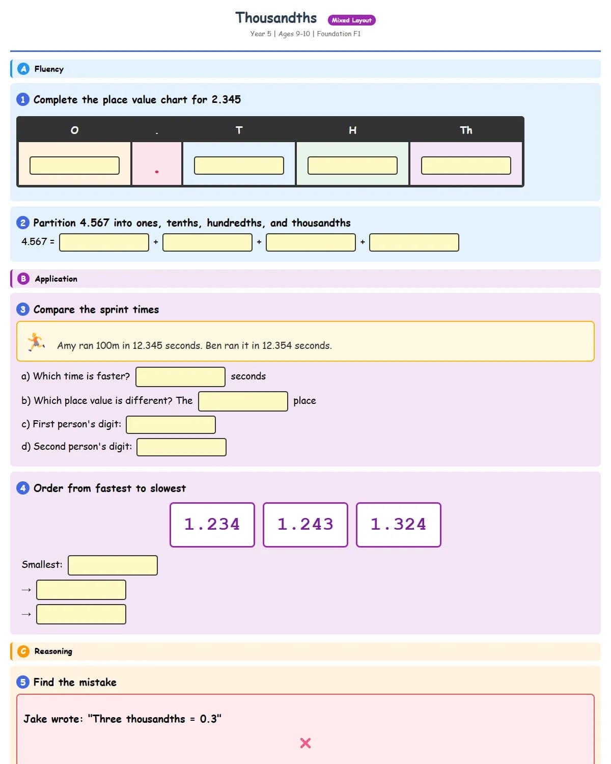 Thousandths (Foundation 1 - Athletics Theme)