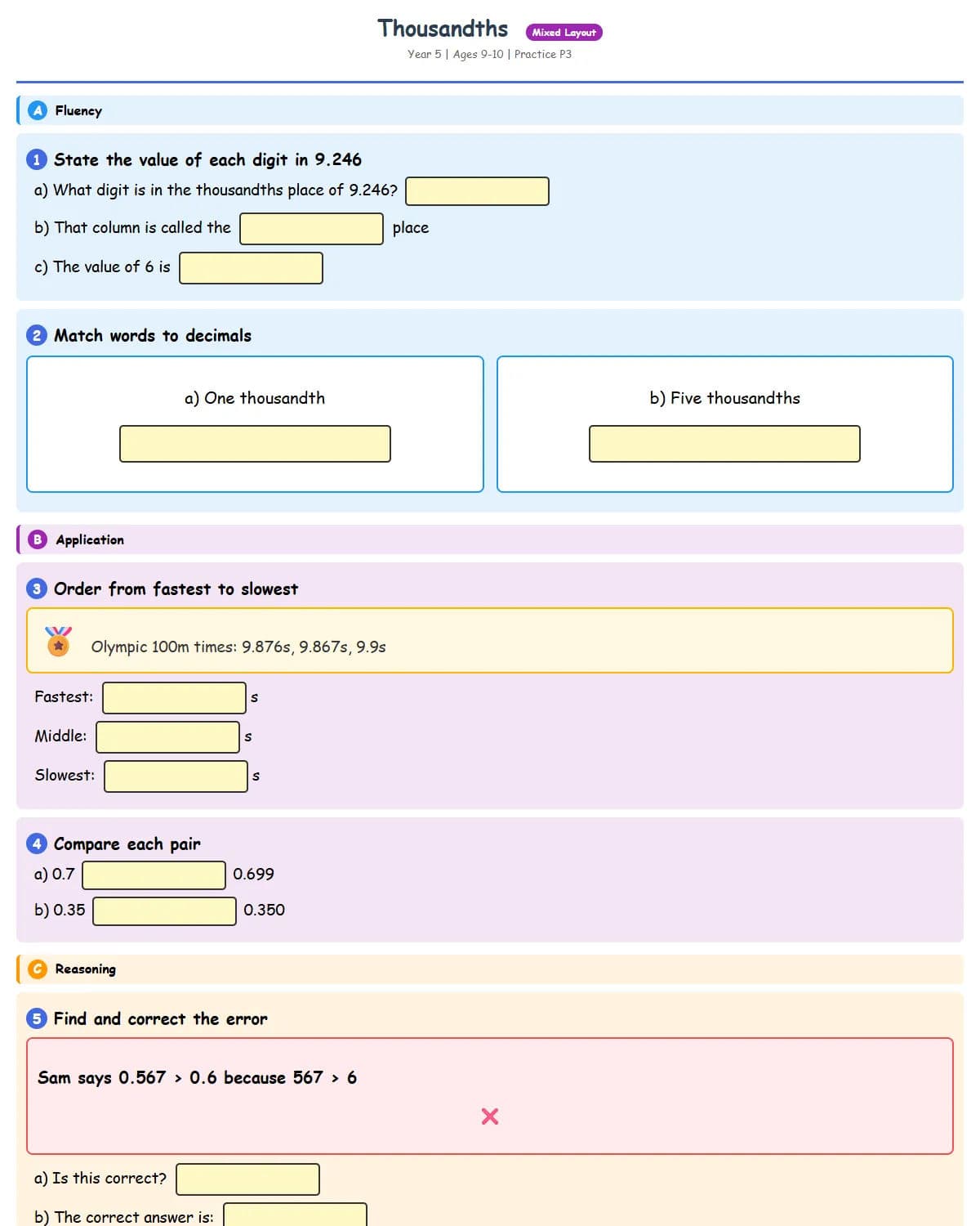 Thousandths (Practice 3 - Olympics Theme)